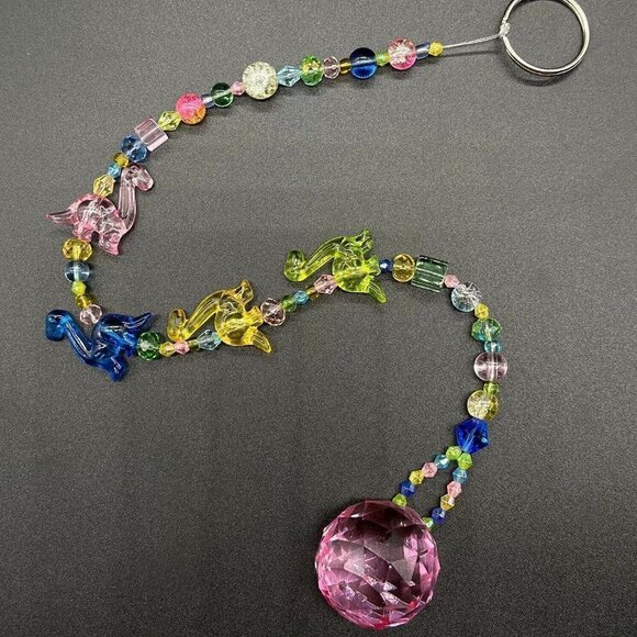 Dinosaur Beaded Suncatcher - Pastel Pink Crystal Prism - Hanging Patio Decor - Picture 2 of 11